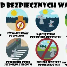 8 zasad bezpiecznych wakacji: zapamiętaj numery alarmowe, używaj filtrów, kąp się pod opieką dorosłych, nie rozpalaj ognisk, nie baw się przy jezdni, przechodź na zielonym, nie jedz słodyczy od nieznajomych, nie wychodź w góry przy brzydkiej pogodzie.