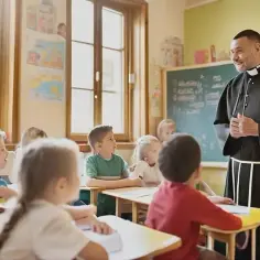 Ksiądz uczy dzieci w szkole. Czy religia wlicza się do średniej? Dzieci słuchają z uwagą.