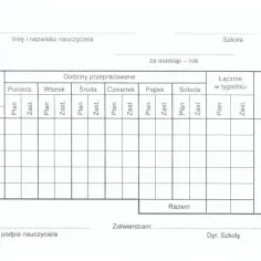 Formularz do rozliczania godzin ponadwymiarowych nauczycieli, z podziałem na dni tygodnia i rodzaje zajęć (plan, zastępstwo).