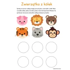 Zwierzątka z kółek: świnia, lew, miś, tygrys, kot, małpa. Idealne na dzień kropki do rysowania!