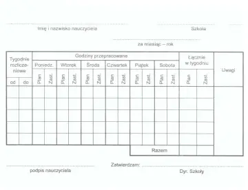 Formularz do rozliczania godzin ponadwymiarowych nauczycieli, z podziałem na dni tygodnia i rodzaje zajęć (plan, zastępstwo).