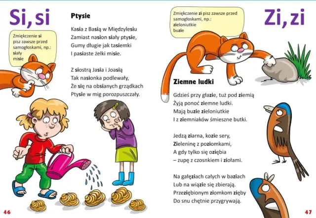Dwie dziewczynki podlewają ptysie, a kot i ptaki patrzą. Mega śmieszne wierszyki o ptysiach i ziemnych ludkach.